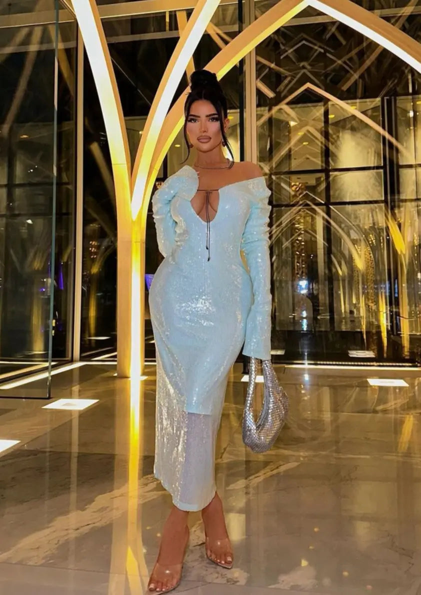 Maya | Spitze Front Lange Mouwen Mintgroene Glitters Jurk Dames