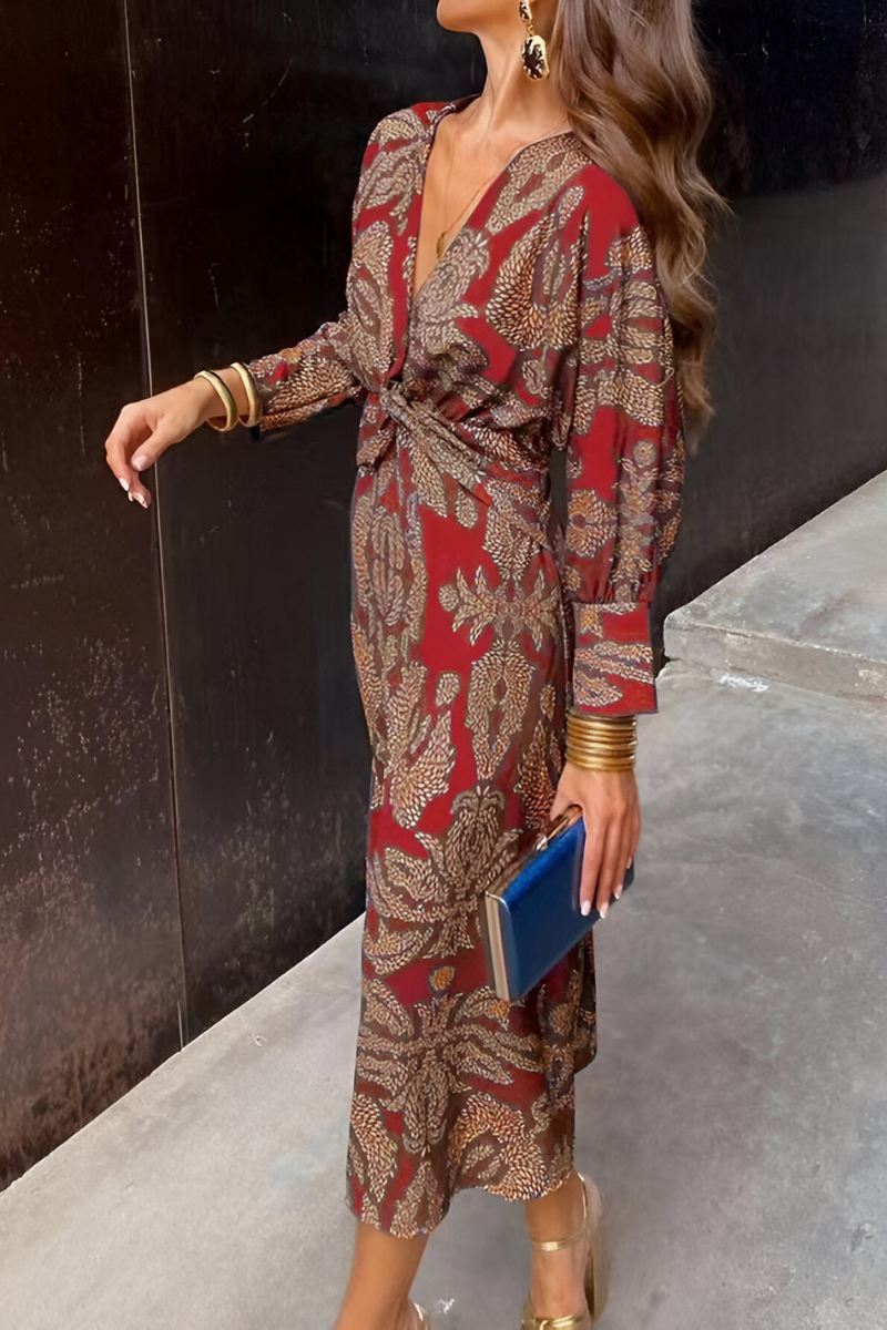 Elegante midi-jurk met twist-detail en bloemenpatroon – Tijdloos en stijlvol