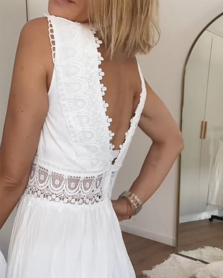Elegante Midi Zomerjurk met Kant & V-hals – Vrouwelijk & Luchtig