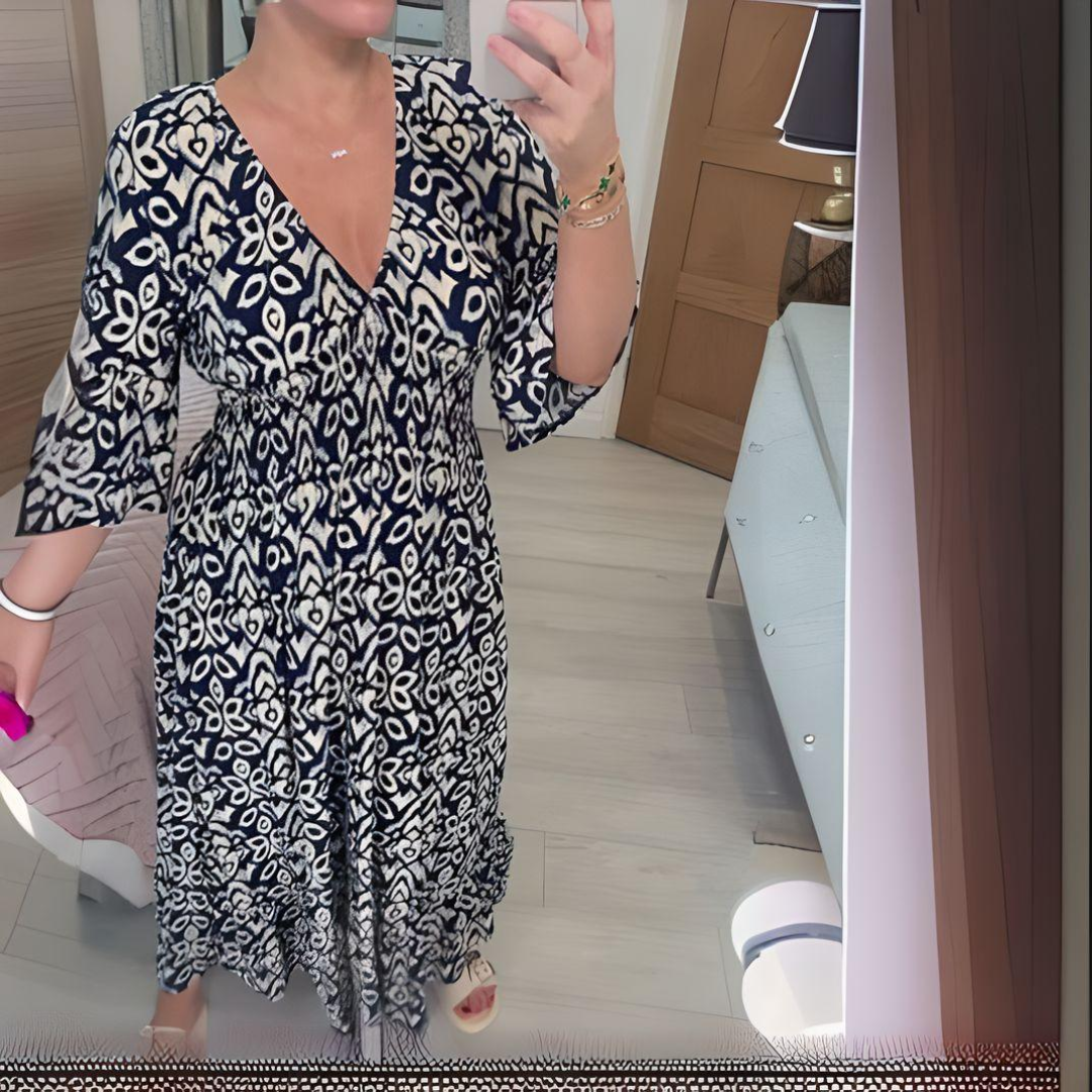 Losse Boho-jurk met V-hals en grafisch patroon – Enkellang